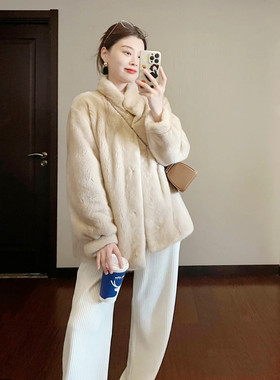 nancy秋冬新款仿水貂毛加厚立领中长款仿貂绒皮毛一体皮草外套女