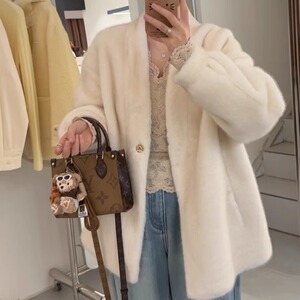秋冬新款韩系仿水貂绒V领宽松环保毛毛皮毛一体皮草外套女2024
