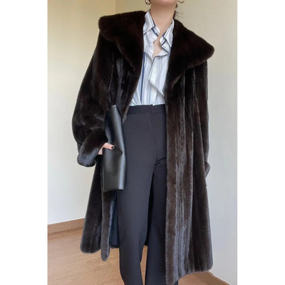 {矜贵格调} 高奢复古深棕大翻领仿水貂毛长款宽松环保皮草大衣女