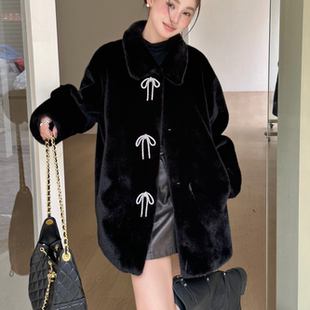 nancy 新款可爱亮钻蝴蝶结仿水貂绒方领小香环保毛毛皮草外套女冬