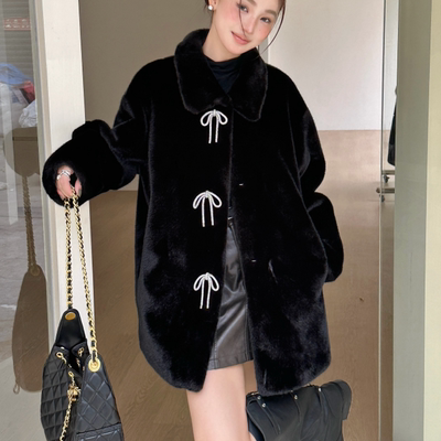 nancy 新款可爱亮钻蝴蝶结仿水貂绒方领小香环保毛毛皮草外套女冬