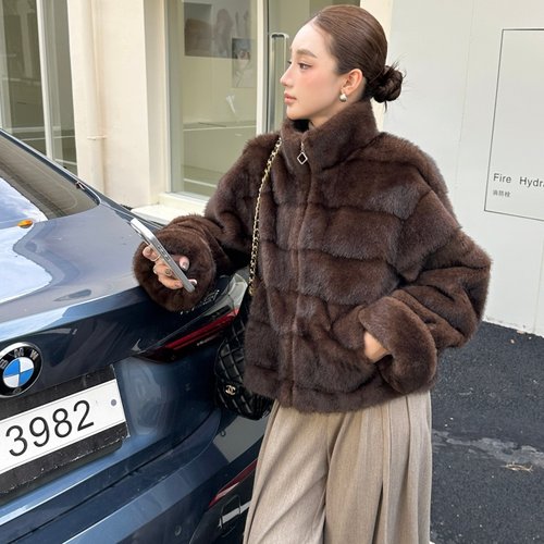 【万年中古貂】老钱棕色立领短款环保仿水貂毛皮草女秋冬毛毛外套