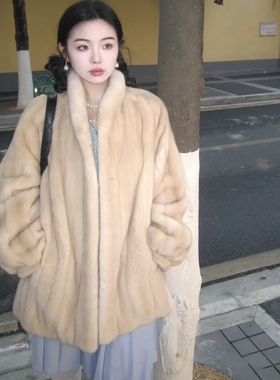 变奏曲 秋冬新款仿水貂毛立领中长款皮草外套环保毛毛一体大衣女
