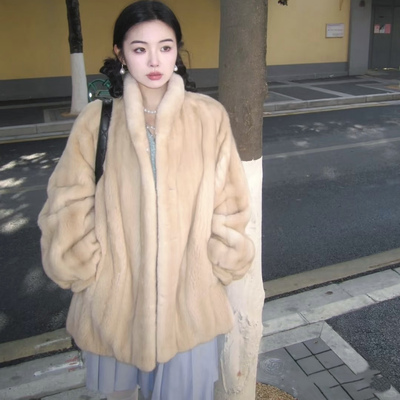 变奏曲 秋冬新款仿水貂毛立领中长款皮草外套环保毛毛一体大衣女