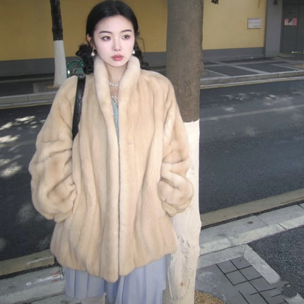 变奏曲 秋冬新款仿水貂毛立领中长款皮草外套环保毛毛一体大衣女