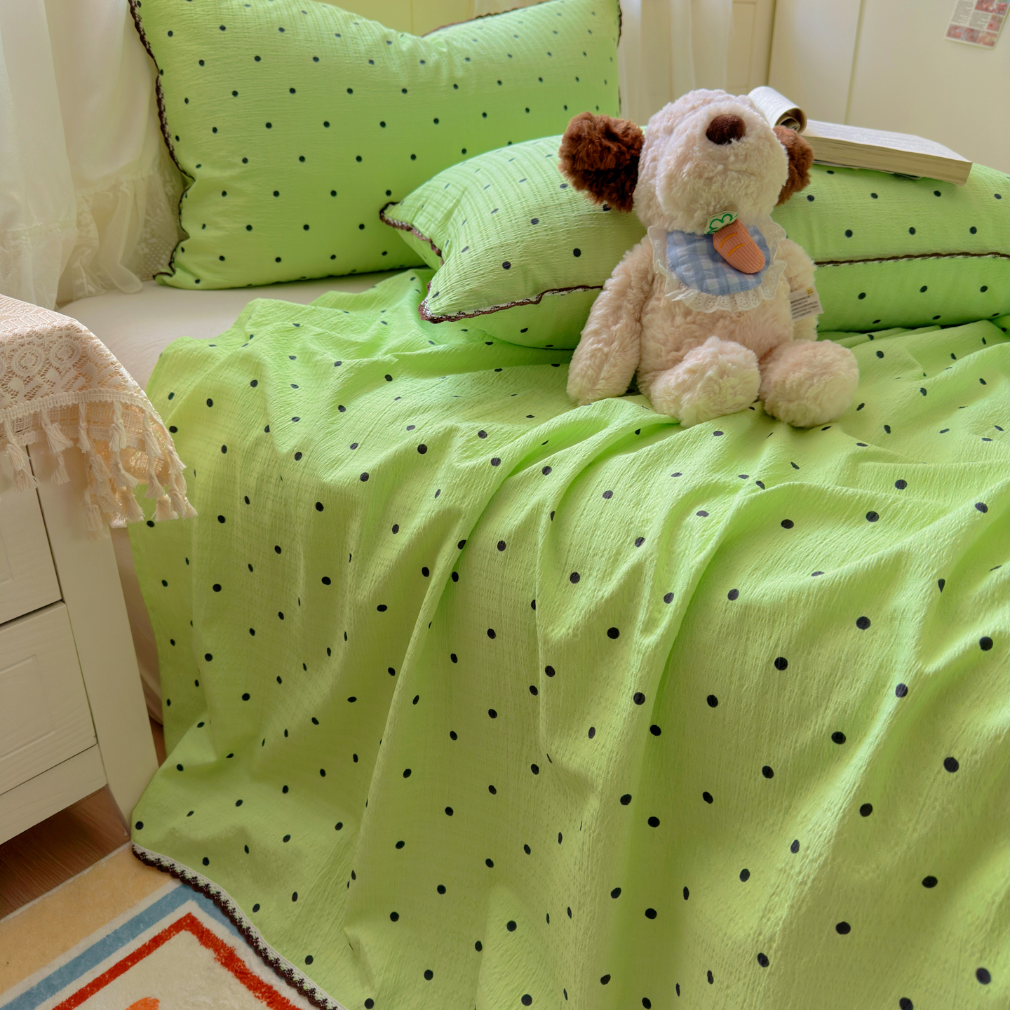 ins个性绿色波点皱皱纱蕾丝花边床单单件被单单人宿舍枕套三件套