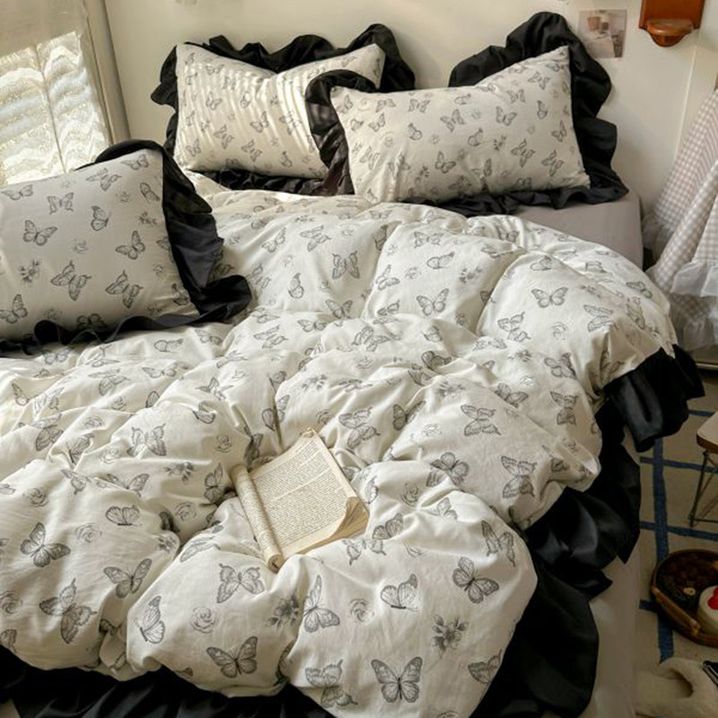韩式ins少女蝴蝶花边水洗棉四件套非纯棉学生宿舍床单单人三件套