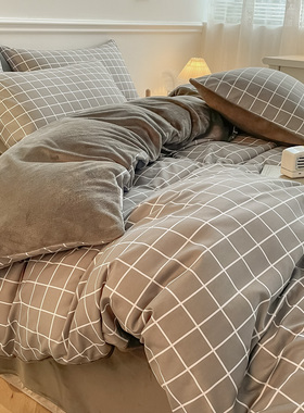 韩式灰色格子男士单面绒四件套A棉B面牛奶绒法兰绒单件被套床单4