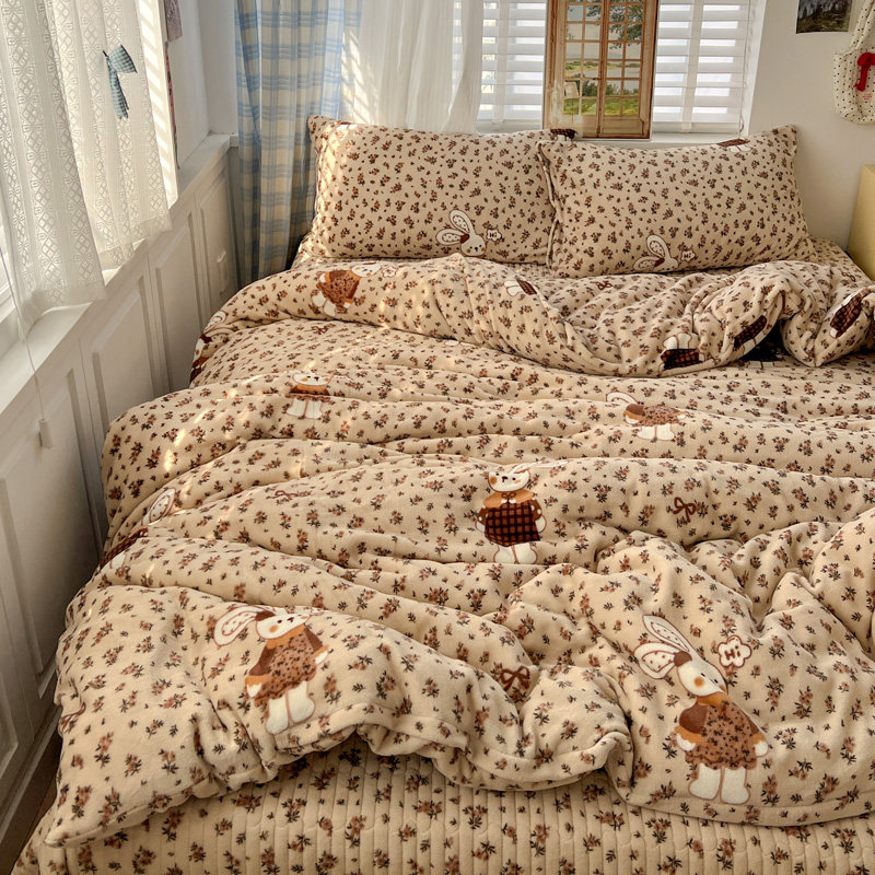 冬天ins可爱小兔保暖牛奶绒床盖四件套双面绒珊瑚绒加厚床单被套,床上用品,床品套件/四件套/多件套,淘宝优惠券,粉丝福利购,淘宝优惠卷