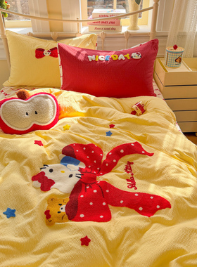 ins风少女心黄色KT猫双层纱贴布绣四件套学生单人宿舍床单三件套4