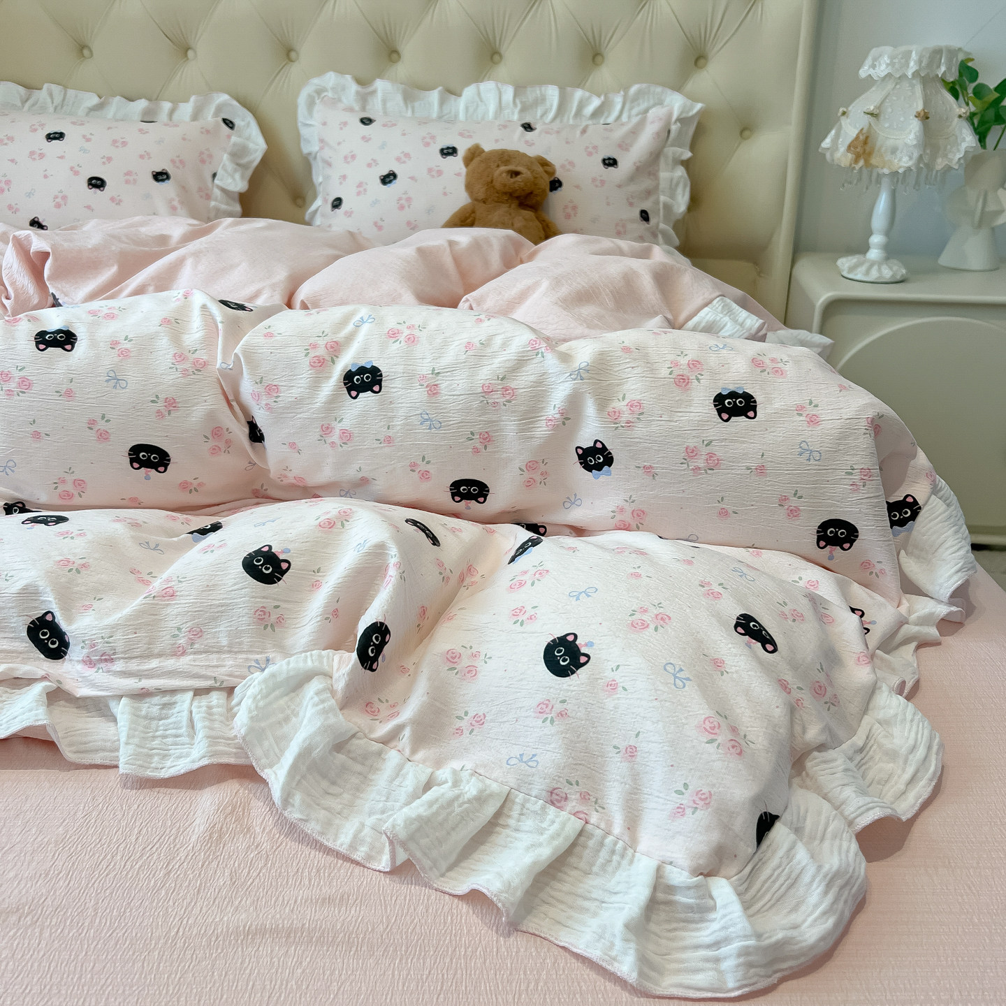 ins风可爱少女小黑猫花边床上四件套学生单人被套宿舍床单三件套
