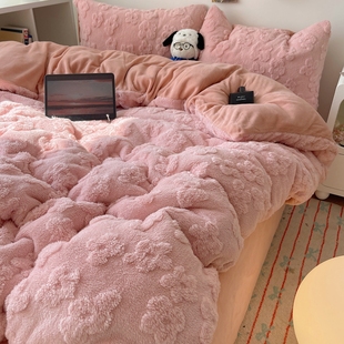 A类冬天粉色花朵加厚牛奶绒四件套双面珊瑚加绒床单被套床三件套