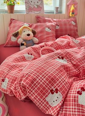ins风可爱红色格子KT猫皱皱纱床上四件套学生单人宿舍床单三件套4