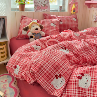 ins风可爱红色格子KT猫皱皱纱床上四件套学生单人宿舍床单三件套4