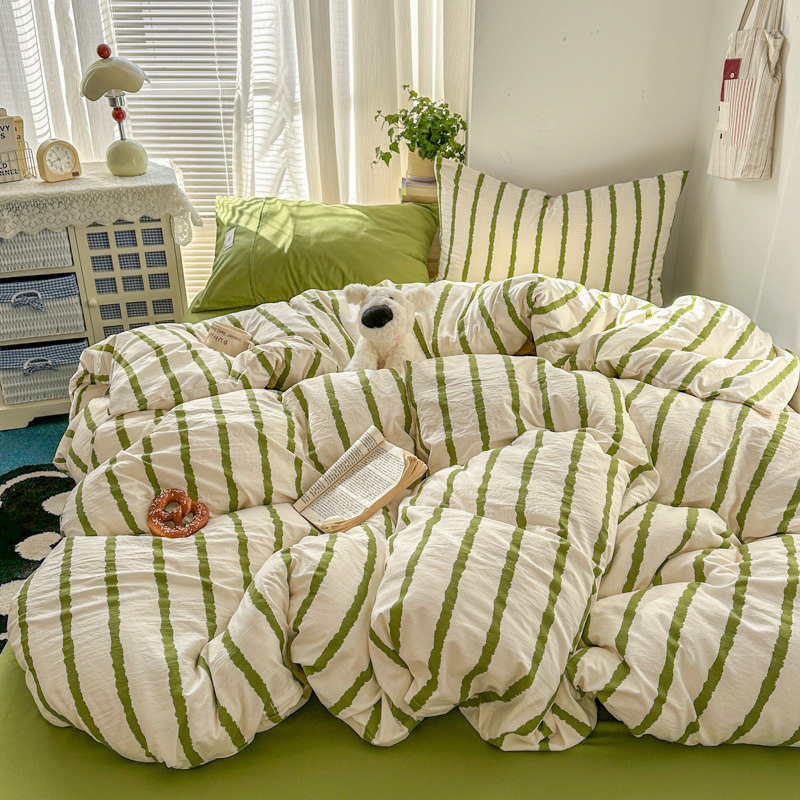 ins清新少女心绿色条纹水洗棉床上四件套被套学生宿舍床单三件套4,床上用品,床品套件/四件套/多件套,淘宝优惠券,粉丝福利购,淘宝优惠卷