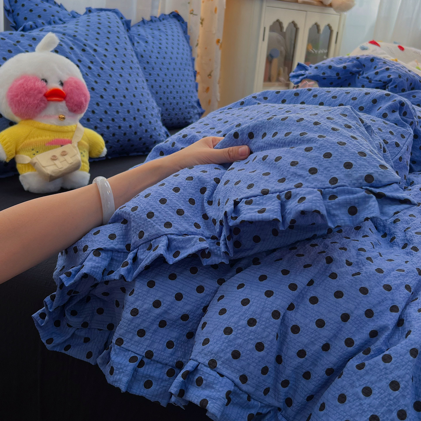 韩式克莱因蓝小波点花边四件套公主风少女卧室学生宿舍床单三件套