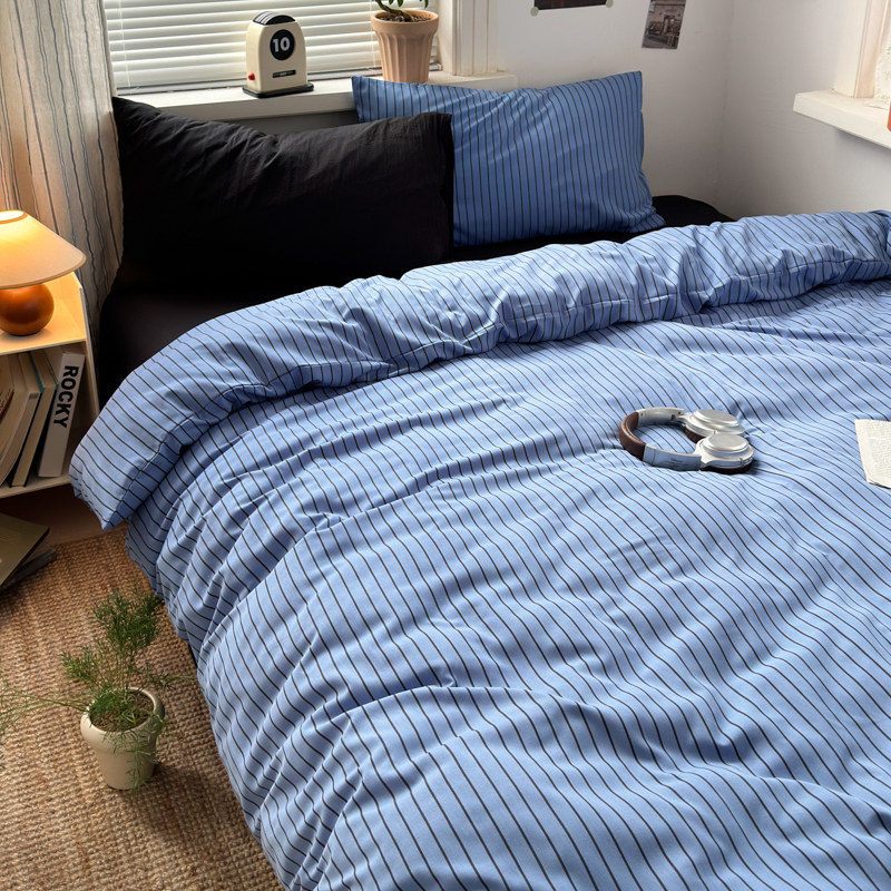北欧风蓝色条纹混搭水洗棉四件非非纯棉套学生宿舍被套床单三件套