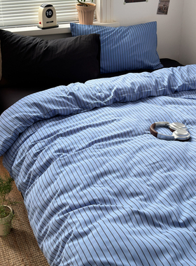 北欧风蓝色条纹混搭水洗棉四件非非纯棉套学生宿舍被套床单三件套