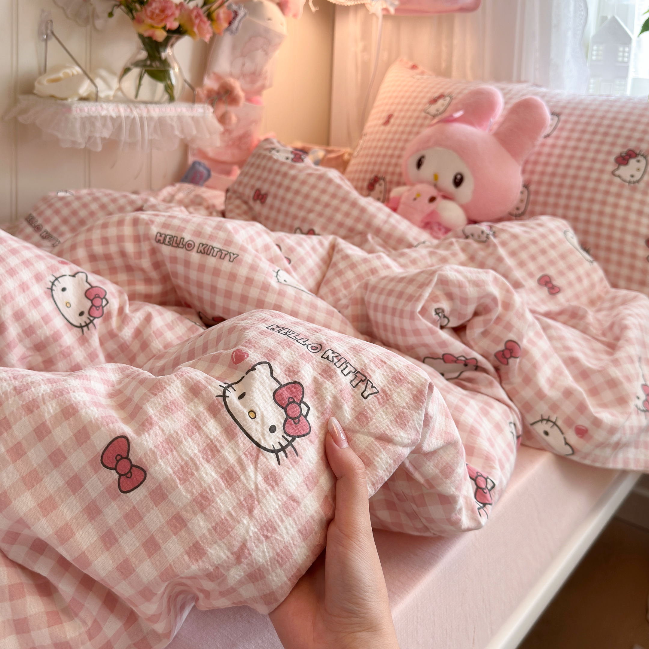 ins风少女心粉色格子KT猫水洗棉四件套非纯棉学生宿舍床单三件套4
