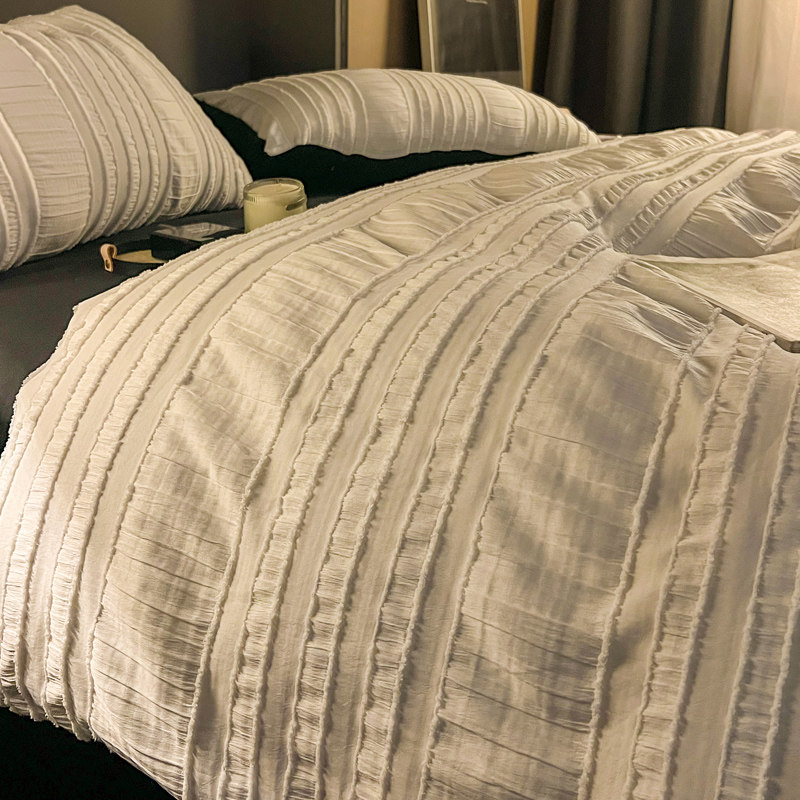 韩式ins少女心简约白色泡泡四件套被套非纯棉床单宿舍床上三件套4