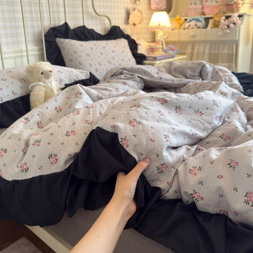 A类碎花皱皱纱花边四件套床裙宿舍被套床单少女心床上三件套用品