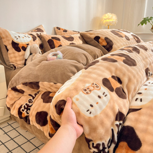 冬天粉色豹纹kt猫加厚牛奶绒四件套双面珊瑚加绒床单被套床三件套