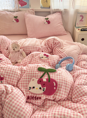 ins粉色KT猫毛巾绣牛奶绒四件套双面绒珊瑚绒被套宿舍床单三件套