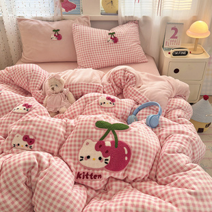 ins粉色KT猫毛巾绣牛奶绒四件套双面绒珊瑚绒被套宿舍床单三件套
