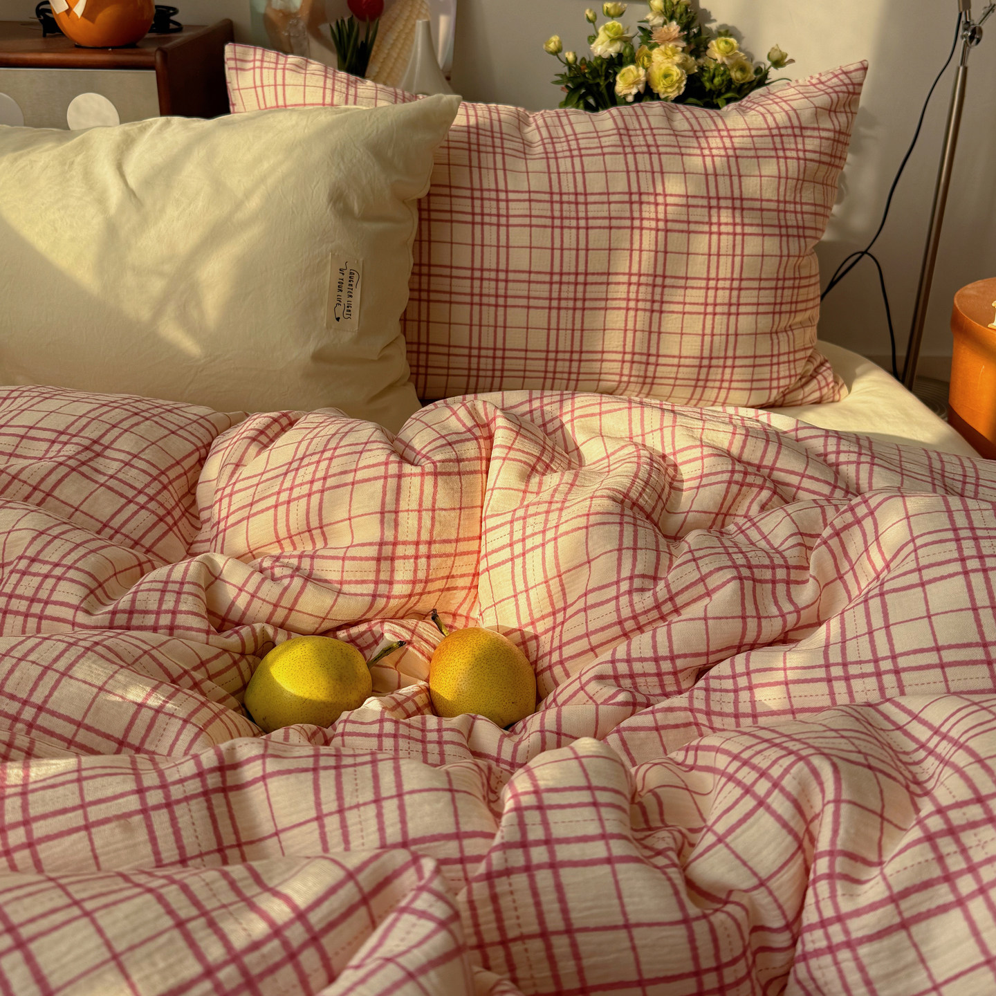 ins少女心红色线条格子水洗棉床上四件套被套学生宿舍床单三件套4,床上用品,床品套件/四件套/多件套,淘宝优惠券,粉丝福利购,淘宝优惠卷