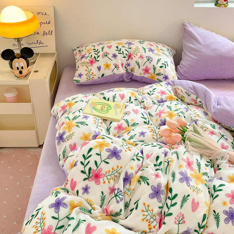 韩式ins少女心碎花牛奶绒四件套双面珊瑚绒被套法兰绒床单三件套4