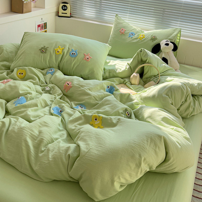 ins少女心清新绿色毛巾绣水洗棉四件套非全棉宿舍被套床单三件套4