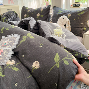 ins风深色玫瑰水洗棉床上四件套学生宿舍单人被套床单三件套床品