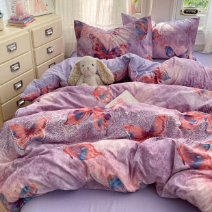 ins风复古蝴蝶水洗棉床上四件套学生宿舍单人被套床单三件套床品