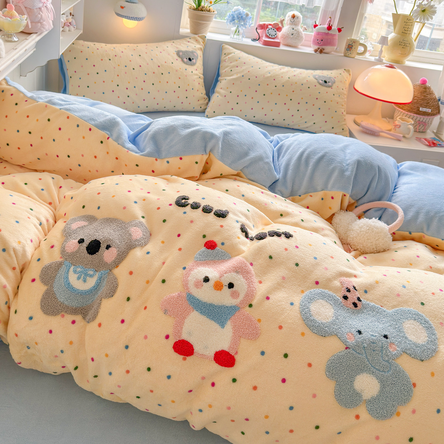 冬季ins风波点小熊毛巾绣牛奶绒四件套双面珊瑚绒被套床单三件套4