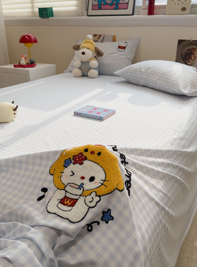 ins风少女心蓝色格子猫咪毛巾绣床单单件被单单人宿舍枕套三件套