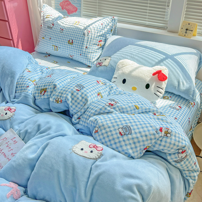 冬季少女蓝色KT猫毛巾绣牛奶绒四件套双面绒珊瑚绒被套床单三件套