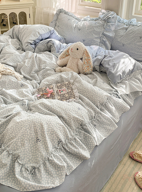 ins风少女心蓝色蝴蝶结水洗棉花边床上四件套被套宿舍床单三件套