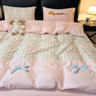 ins风格子少女心蝴蝶结水洗棉床上四件套被罩学生宿舍床单三件套4