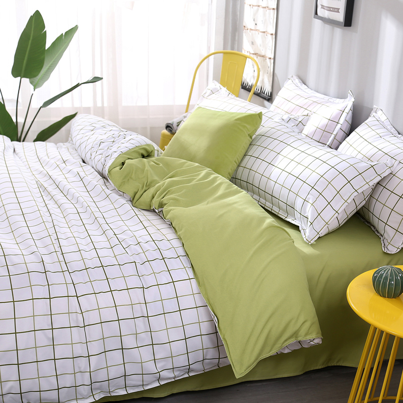 简约绿色格子少女床上四件套被罩简单学生单人床单被套宿舍三件套