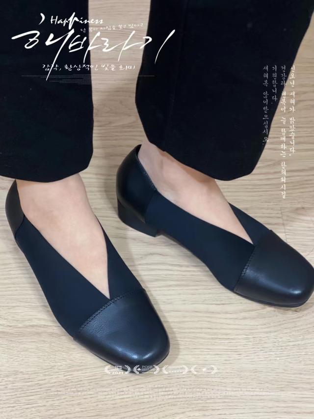 外贸原单舒适真皮弹力布小跟个性简约女士休闲鞋百搭女装鞋