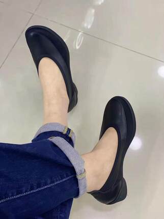 外贸原单舒适圆头头层牛皮套脚真皮弹力布拼接女士小跟鞋徒步鞋