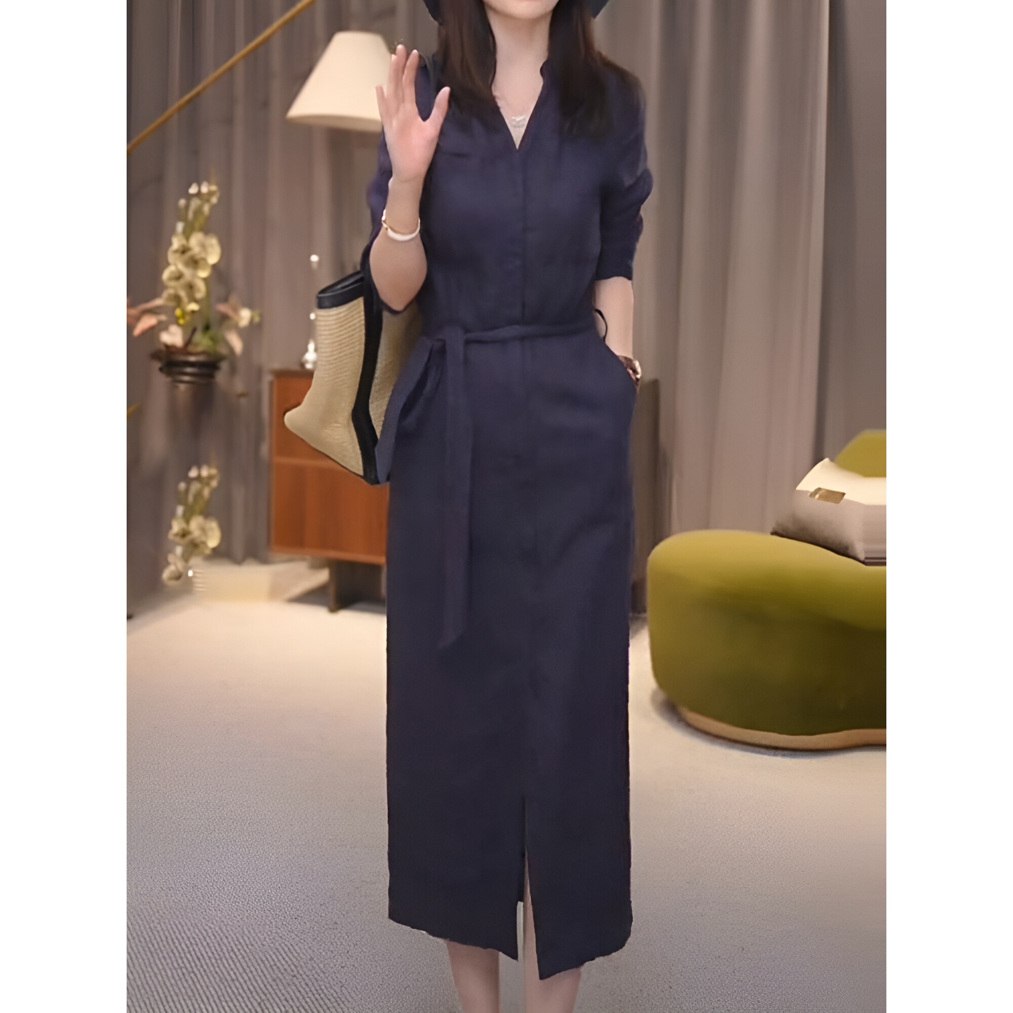 V领系带亚麻连衣裙女士夏季新款连衣裙