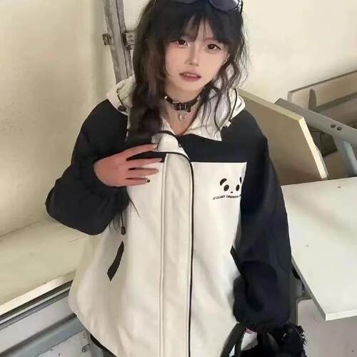 春秋连帽宽松可爱熊猫夹克软妹