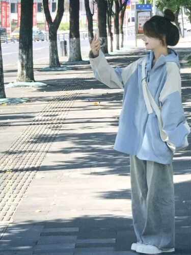 拼接连帽宽松运动夹克美式复古