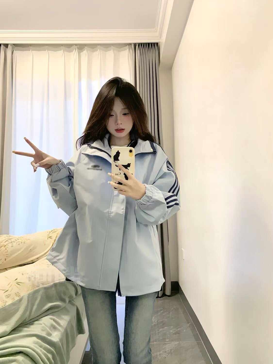 复古防风条纹设计立领冲锋衣外套女2024春季新款韩版宽松休闲上衣