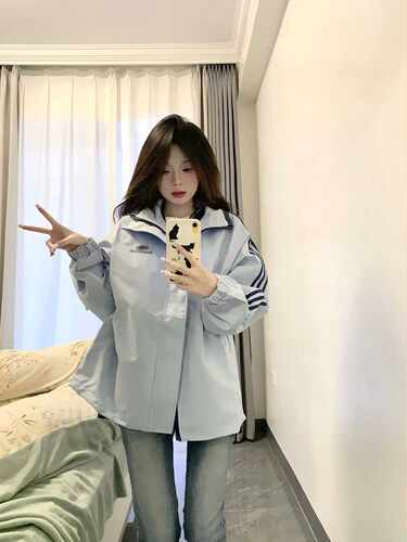 宽松防风条纹设计冲锋衣外套复古