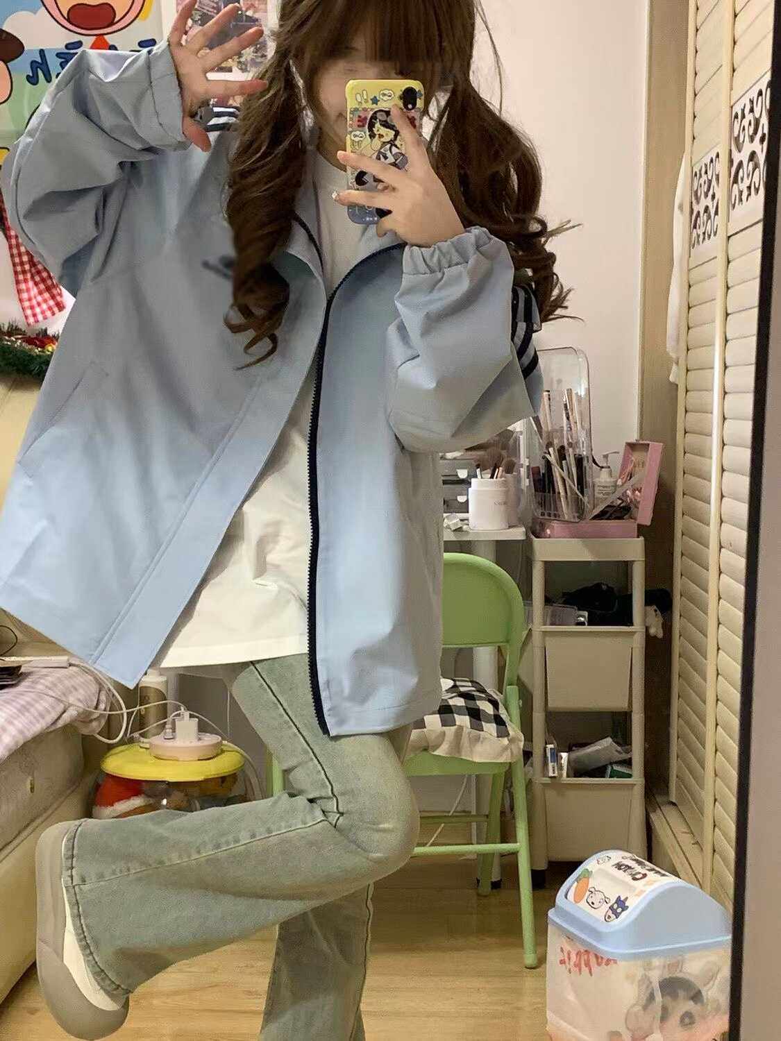 奶蓝色休闲三条杠冲锋衣少女春季初中高中学生设计感美式复古外套