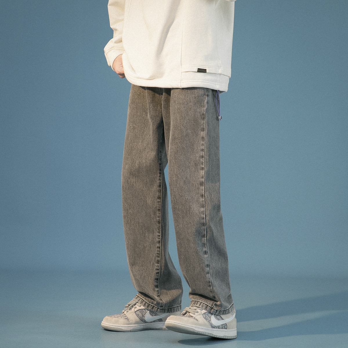 thumbnail for Spring Washed Trendy Versatile Floor-Length Jeans for Men, Unisex Loose Fit, Couple&#039s Sports Solid Color Straight-Leg Pants
