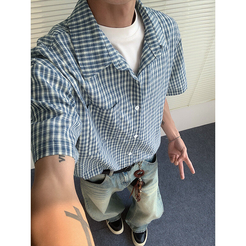 蓝色格子vintage短袖衬衫男夏季日系复古潮牌高级感半袖衬衣外套