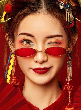 国潮风红色窄框椭圆形墨镜个性潮